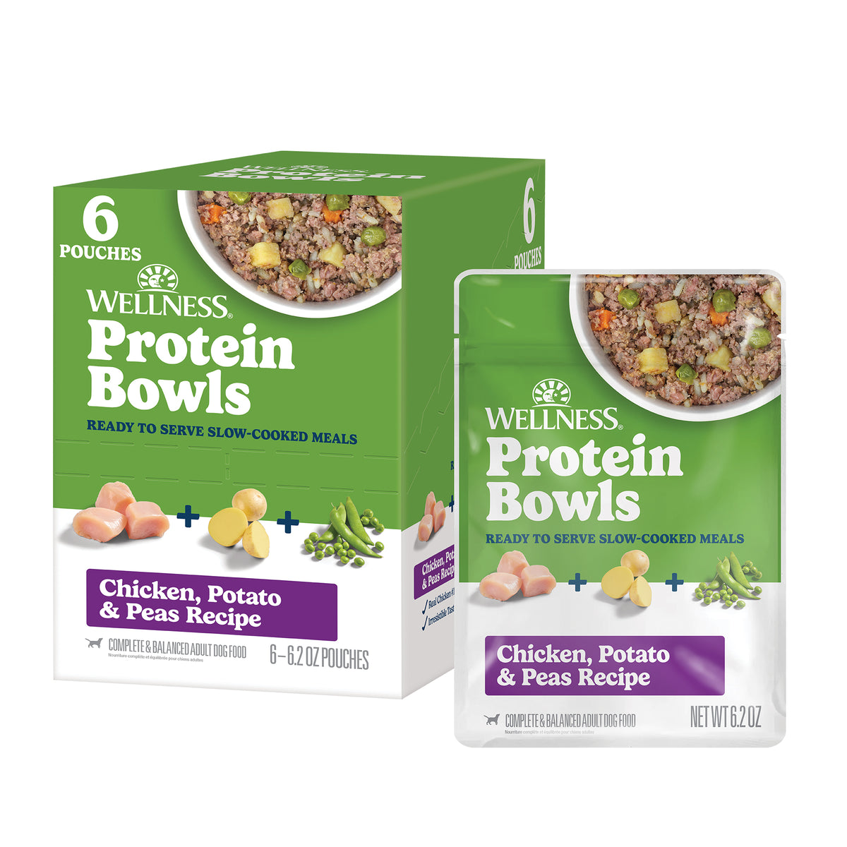 Wellness Protein Bowls, Adult Fresh Alternative Dog Food, Wholesome Grains, 6.2 Ounce Pouch, 6 Pack, (Chicken, Potato & Peas Recipe)