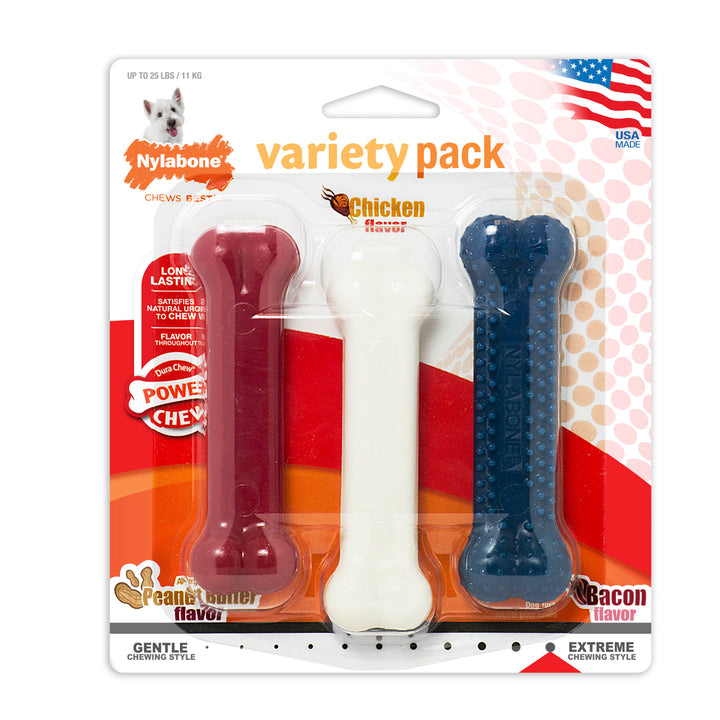 Nylabone Power Chew Small Dog Chew Toy Value Pack Peanut Butter, Bacon &amp; Chicken Small (3 Count)