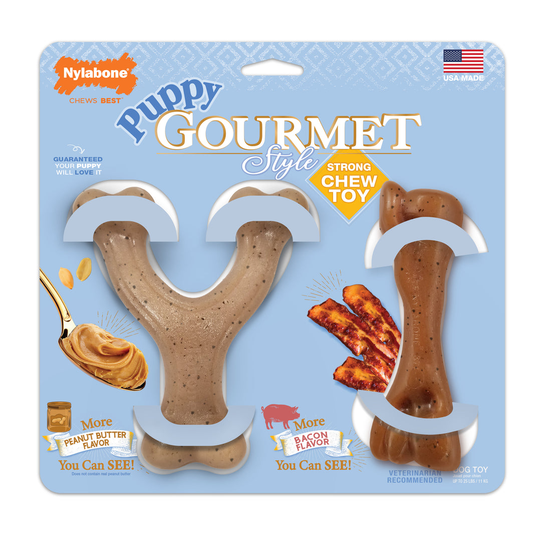 Nylabone Strong Chew Gourmet Style Wishbone &amp; Femur Bone Puppy Chew Toys Peanut Butter &amp; Bacon Small (2 Count)