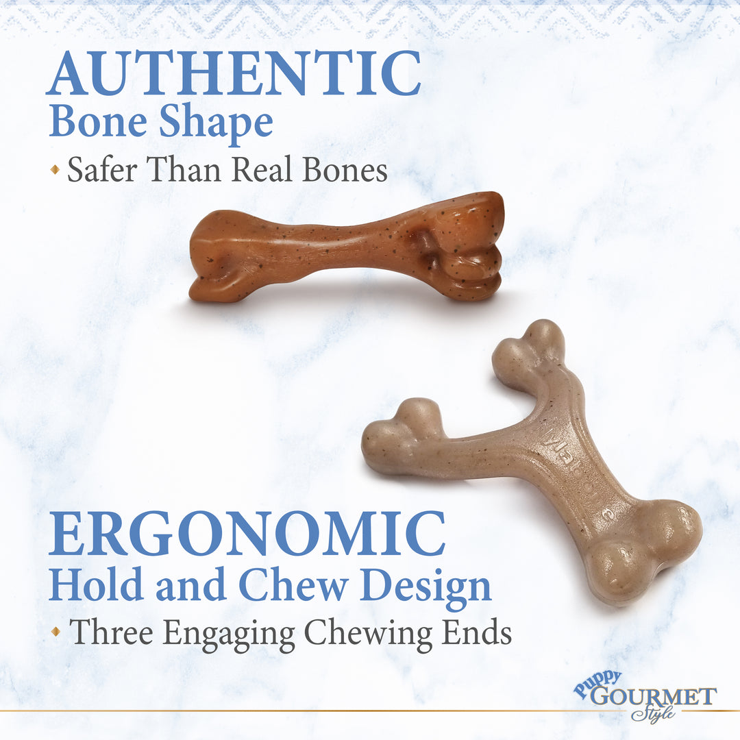 Nylabone Strong Chew Gourmet Style Wishbone &amp; Femur Bone Puppy Chew Toys Peanut Butter &amp; Bacon Small (2 Count)