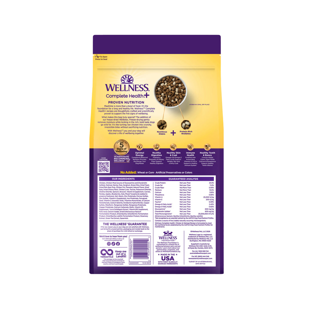 Wellness Complete Health+ Dry Dog Food, Adult Chicken &amp; Oatmeal Recipe with Freeze-Dried Wellbites (4 Pound Bag)