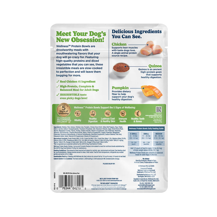 Wellness Protein Bowls, Adult Fresh Alternative Dog Food, Wholesome Grains, 6.2 Ounce Pouch, 6 Pack, (Chicken, Quinoa &amp; Pumpkin Recipe)