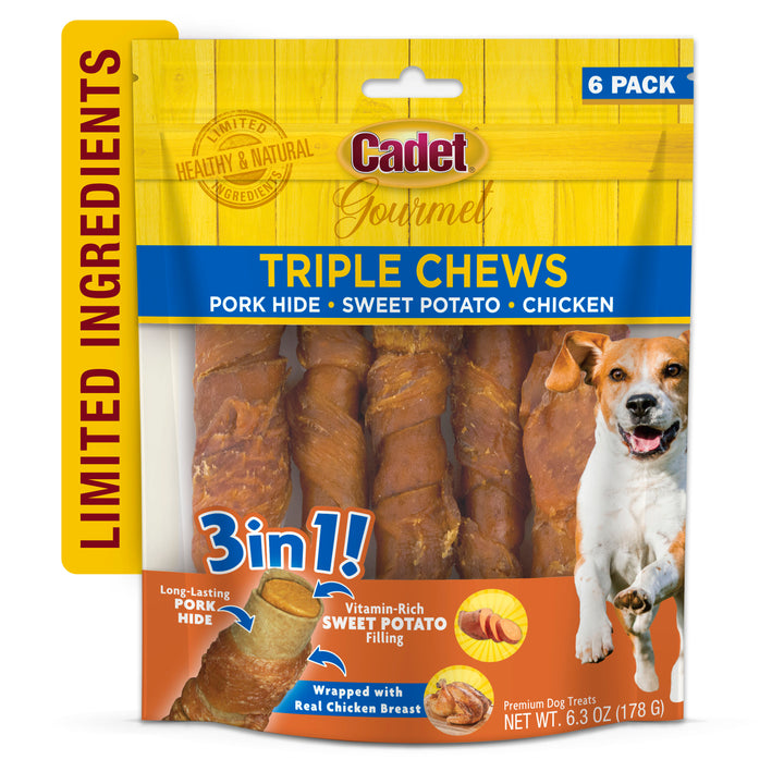 Cadet Gourmet Triple Chews Pork Hide Twists Chicken &amp; Sweet Potato (6 Count)