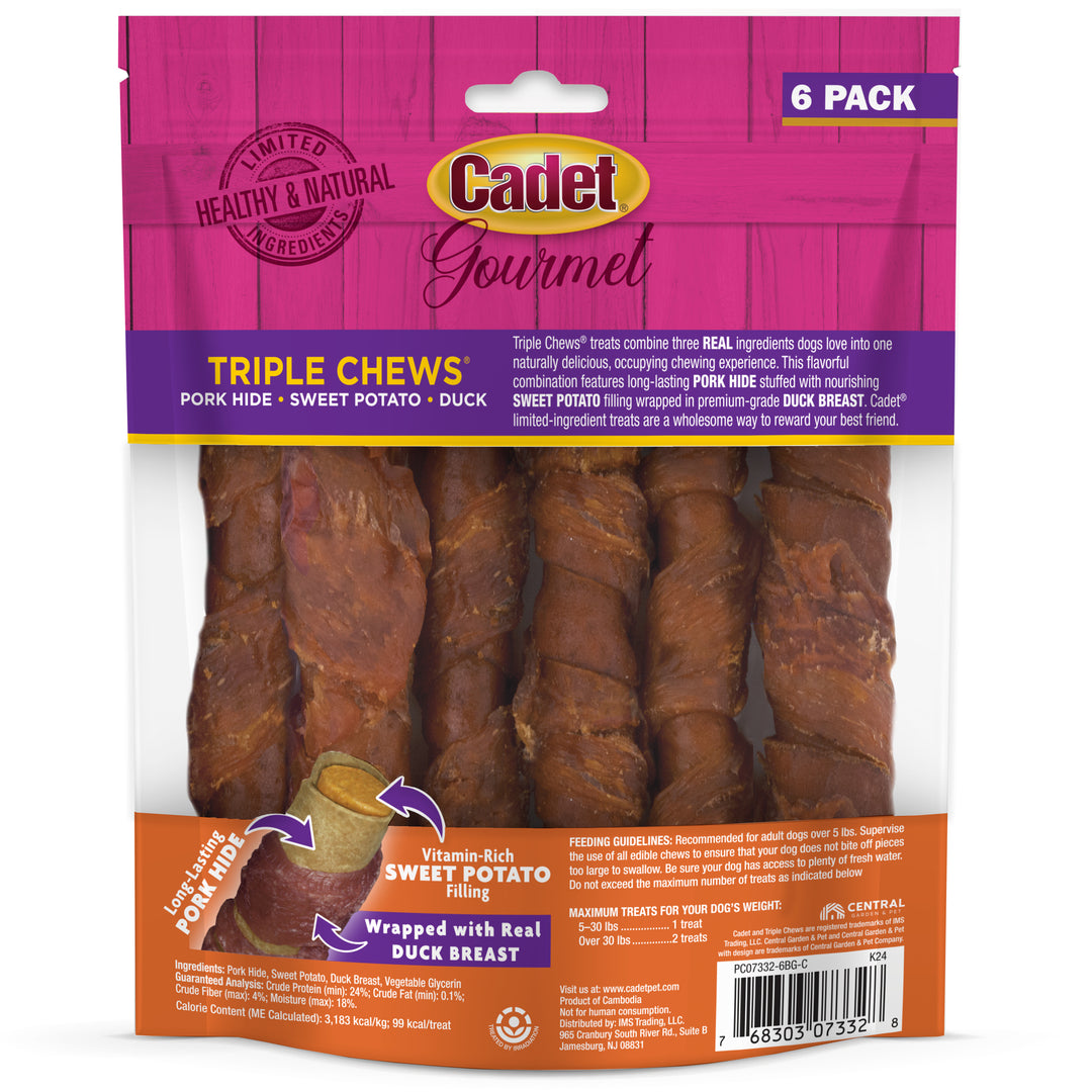 Cadet Gourmet Triple Chews Pork Hide Twists Duck &amp; Sweet Potato (6 Count)