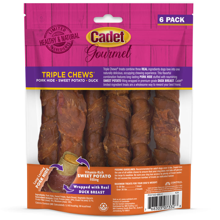 Cadet Gourmet Triple Chews Pork Hide Twists Duck &amp; Sweet Potato (6 Count)
