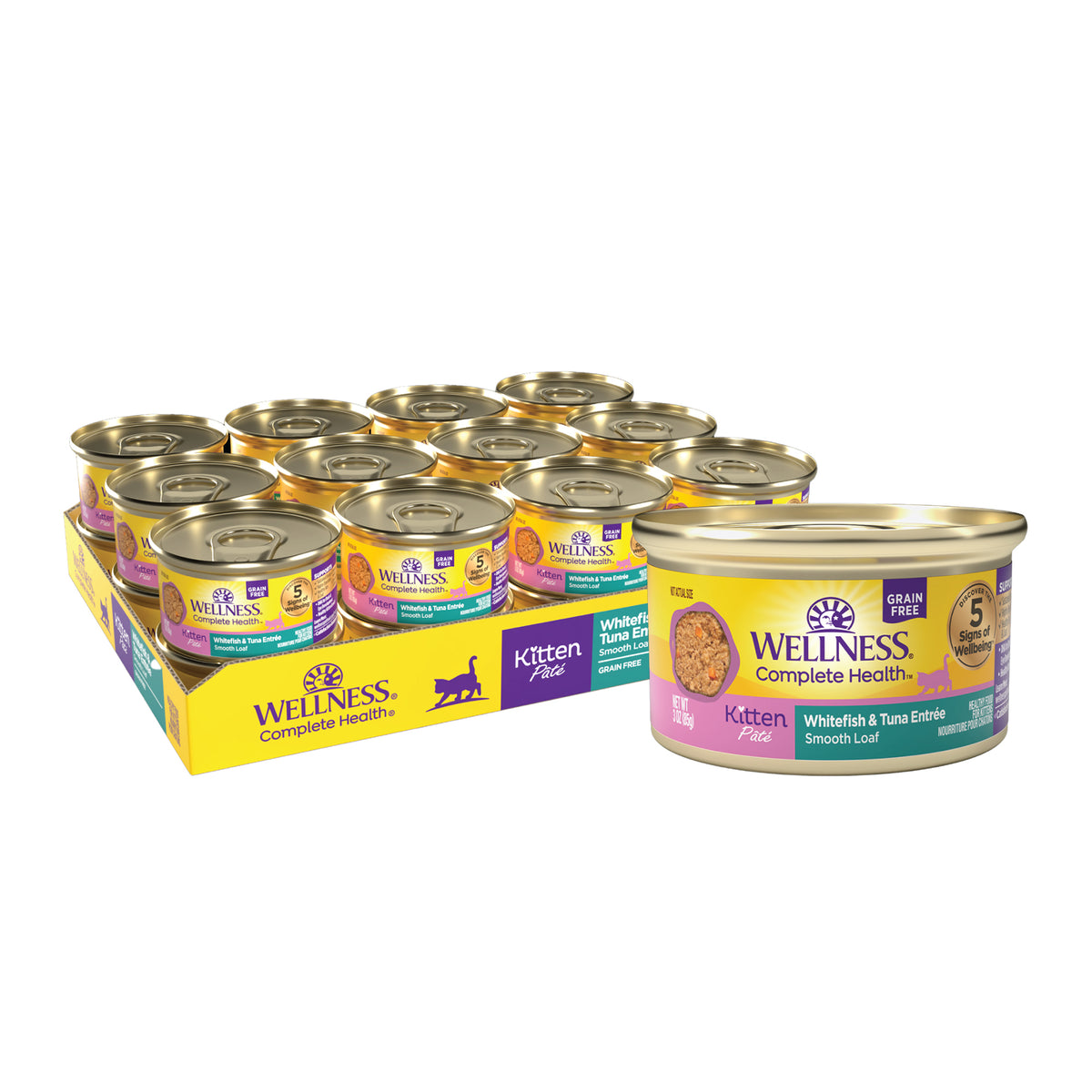 Wellness Complete Health Pate Kitten Wet Cat Food, Natural, Protein-Rich, Grain-Free, 3 Ounce, 24 Pack, (Whitefish & Tuna)