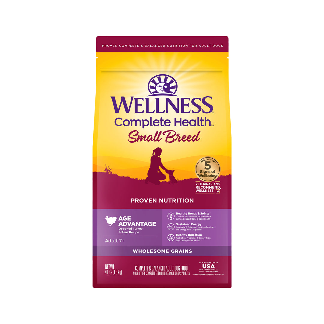 Wellness Complete Health Senior Dry Dog Food, Small Breed, Wholesome Grains, Natural, Age Advantage Turkey &amp; Peas Recipe, (4-Pound Bag)