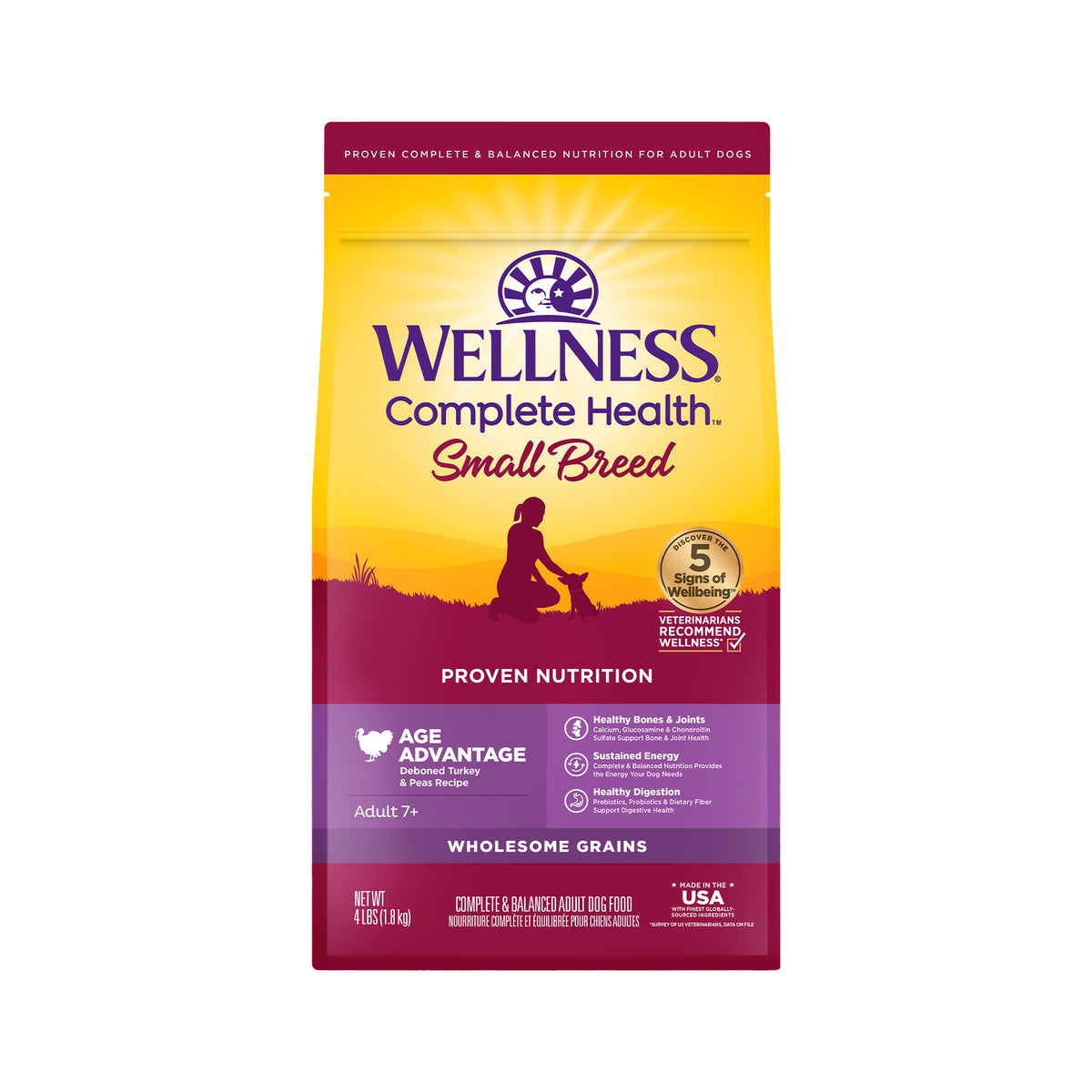 Wellness Complete Health Senior Dry Dog Food, Small Breed, Wholesome Grains, Natural, Age Advantage Turkey & Peas Recipe, (4-Pound Bag)