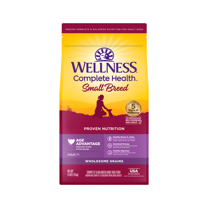 Wellness Complete Health Senior Dry Dog Food, Small Breed, Wholesome Grains, Natural, Age Advantage Turkey &amp; Peas Recipe, (4-Pound Bag)