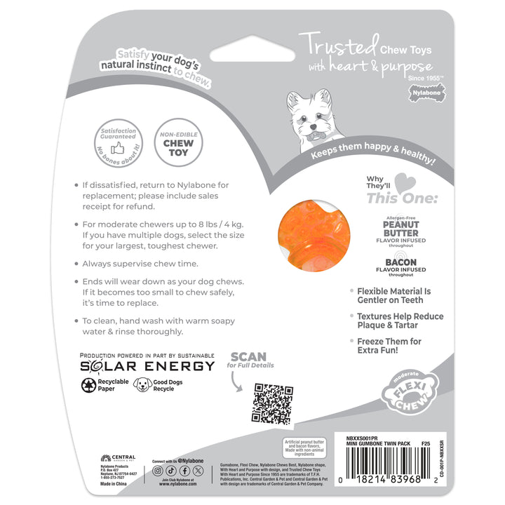 Nylabone Flexi Chew Bone Dog Chew Toy Peanut Butter &amp; Bacon Orange &amp; Blue XX-Small (2 Count)