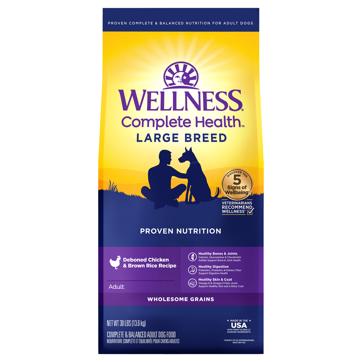 Wellness Complete Health Dry Dog Food, Large Breed, Wholesome Grains, Natural, Chicken & Brown Rice Recipe, (30-Pound Bag)