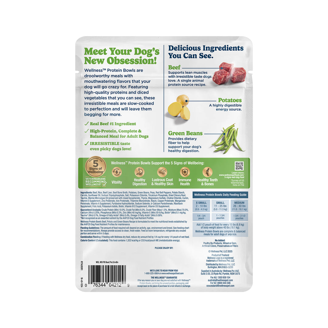 Wellness Protein Bowls, Adult Fresh Alternative Dog Food, Wholesome Grains, 6.2 Ounce Pouch, 6 Pack, (Beef, Potato &amp; Green Beans Recipe)