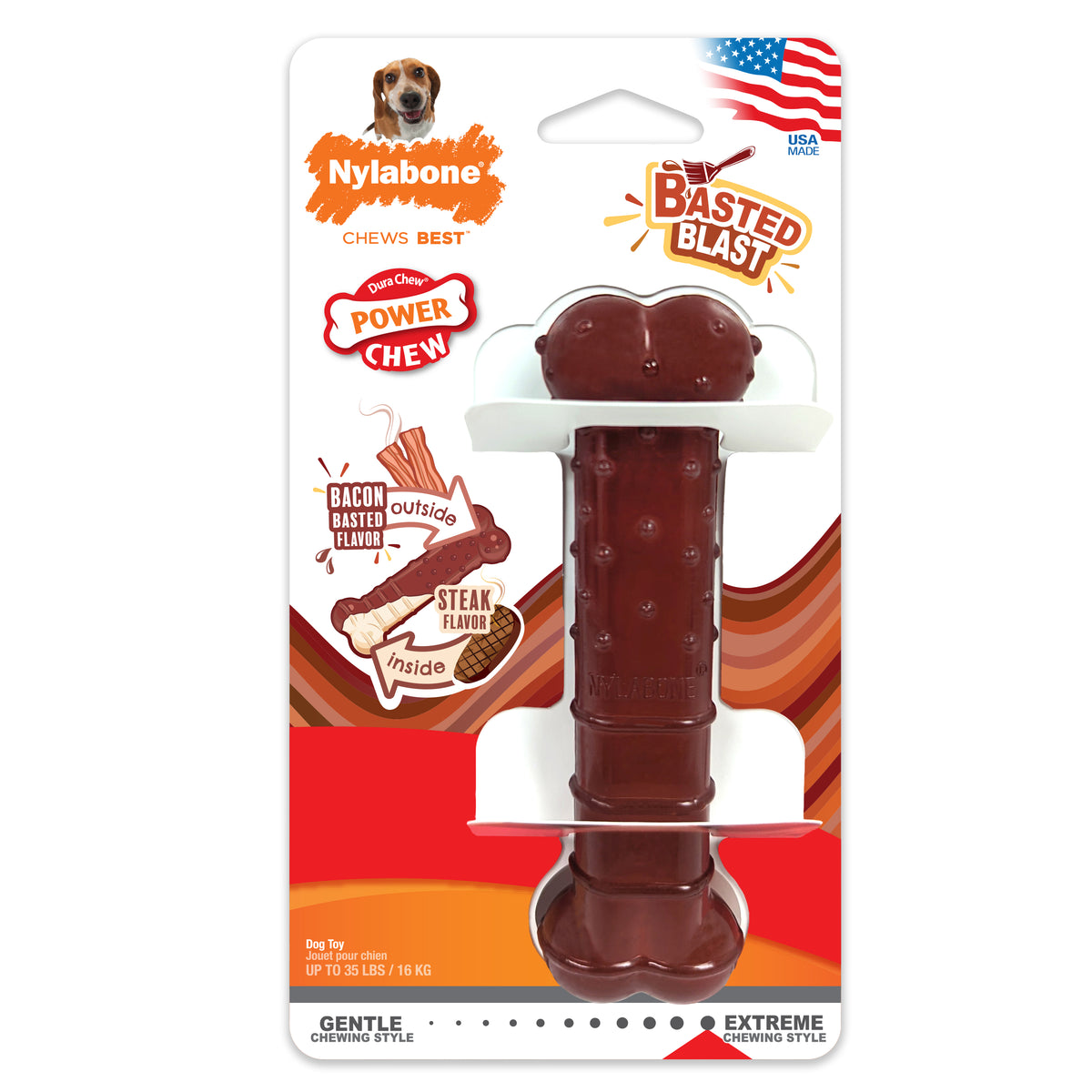 Nylabone Power Chew Basted Blast Textured Bone Dog Chew Toy Bacon & Steak Medium (1 Count)