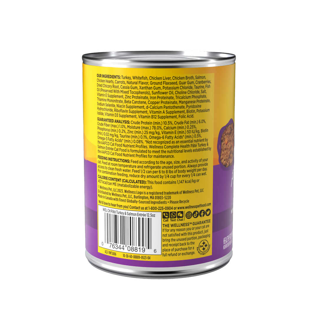 Wellness Complete Health Pate Adult Wet Cat Food, Natural, Protein-Rich, Grain Free, 12.5 Ounce, 12 Pack, (Turkey &amp; Salmon)