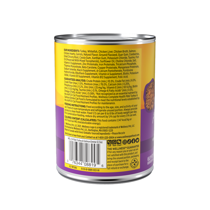 Wellness Complete Health Pate Adult Wet Cat Food, Natural, Protein-Rich, Grain Free, 12.5 Ounce, 12 Pack, (Turkey &amp; Salmon)