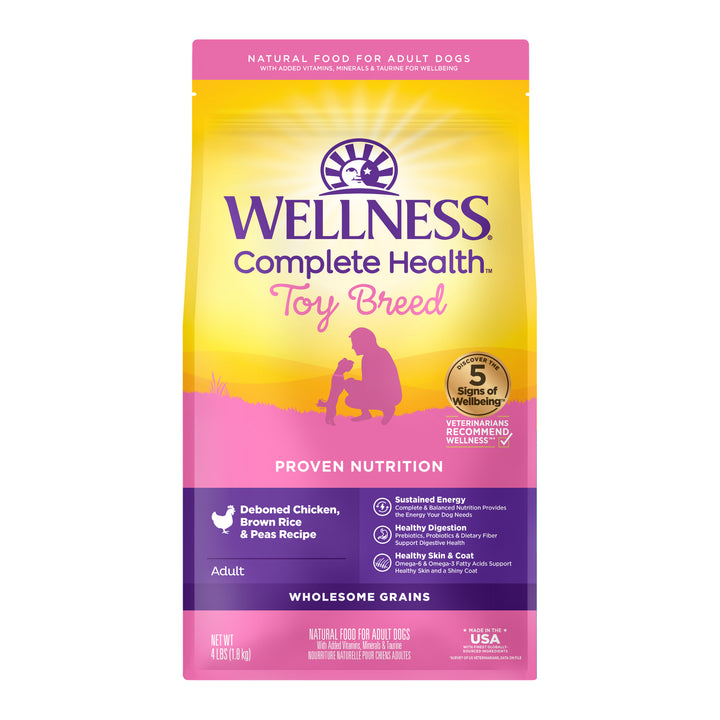Wellness Complete Health Dry Dog Food for Small Dogs, Toy Breed, Wholesome Grains, Natural, Chicken, Brown Rice, &amp; Peas Recipe, 4-Pound Bag)