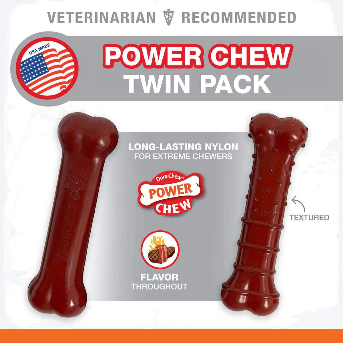 Nylabone Power Chew Basted Blast Original & Textured Bone Dog Chew Toys Bacon & Steak Small (2 Count)