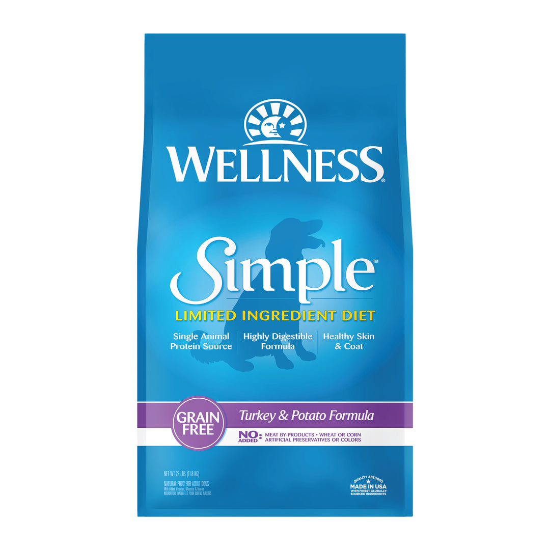Wellness Simple Limited Ingredient Dry Dog Food for Sensitive Stomachs, Supports Skin &amp; Coat, Grain-Free, Natural, Turkey &amp; Potatoe Recipe, (26-Pound Bag)