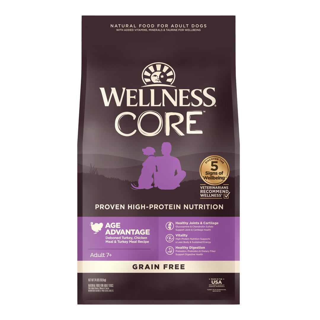 Wellness CORE Senior Dry Dog Food, Grain-Free, High Protein, Natural, Age Advantage Turkey &amp; Chicken Recipe, (24-Pound Bag)