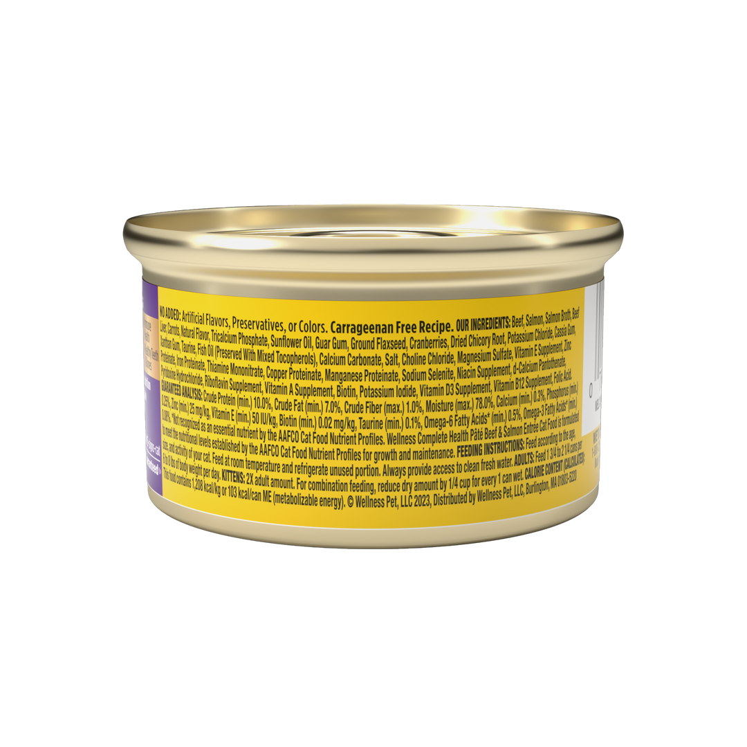 Wellness Complete Health Pate Adult Wet Cat Food, Natural, Protein-Rich, Grain Free, 3 Ounce, 24 Pack, (Beef &amp; Salmon)