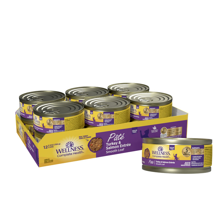 Wellness Complete Health Pate Adult Wet Cat Food, Protein-Rich, Grain Free, 5.5 Ounce, 12 Pack, (Turkey &amp; Salmon)