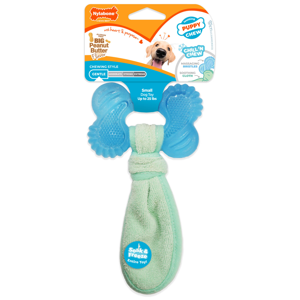 Nylabone Puppy Chew 2-in-1 Teething Freezer Bone Cloth Chew Toy Peanut Butter Blue Small (1 Count)