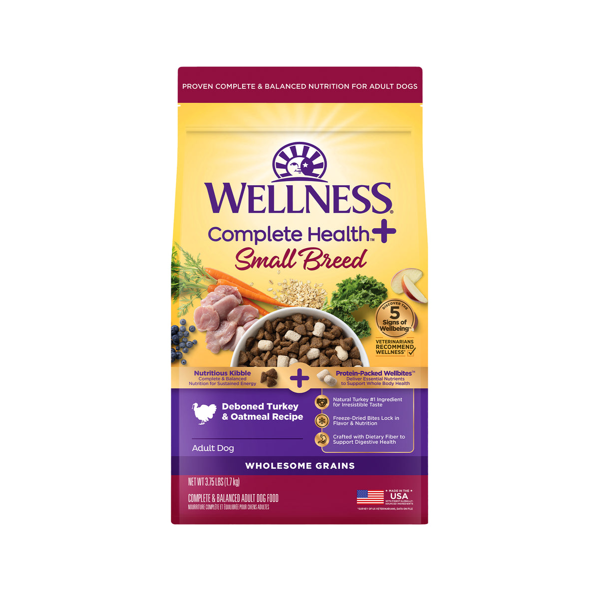 Wellness Complete Health+ Dry Dog Food, Adult Small Breed Turkey & Oatmeal Recipe with Freeze-Dried Wellbites (3.75 Pound Bag)