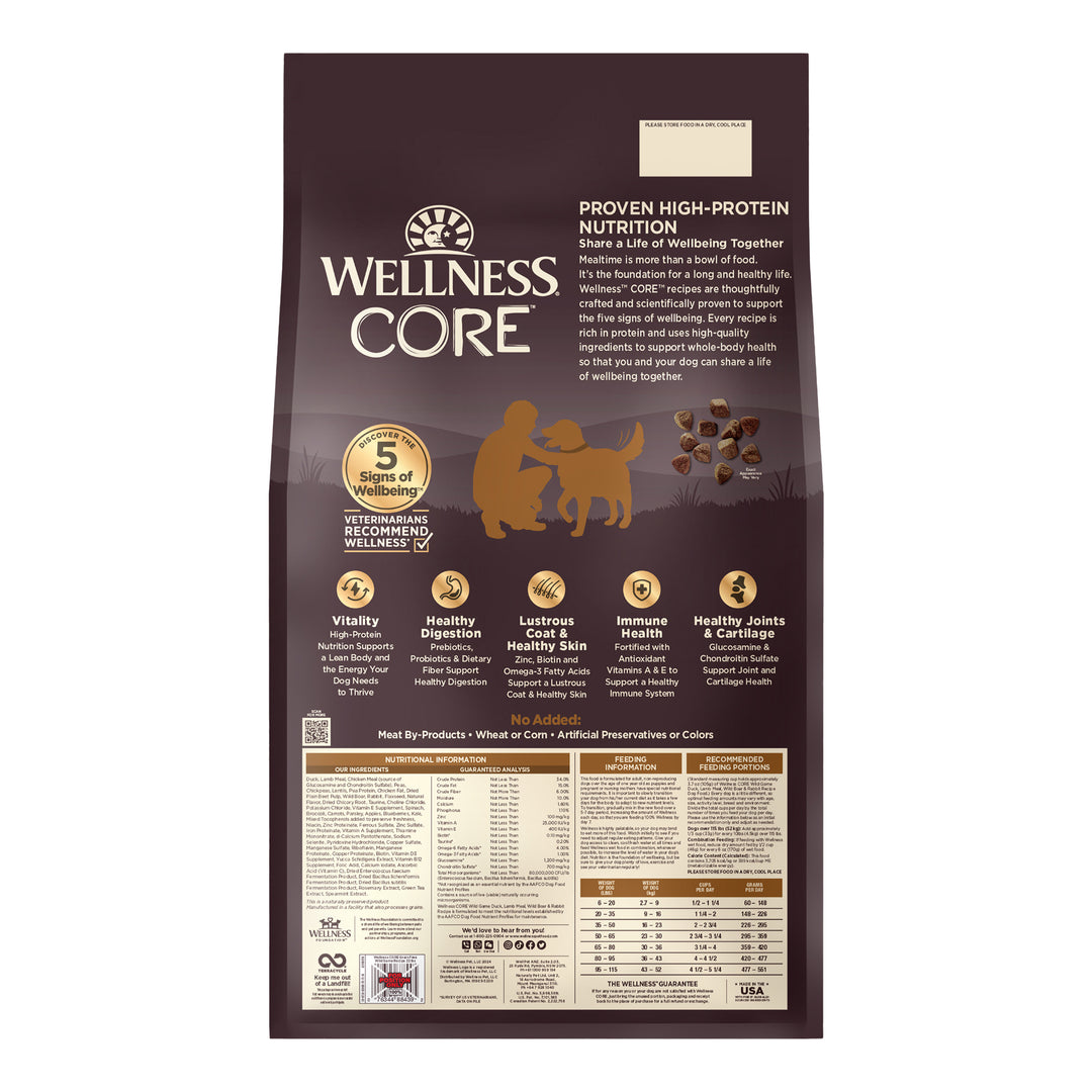 Wellness CORE Dry Dog Food, Grain-Free, High Protein, Natural, Wild Game Duck, Lamb Meal, Wild Boar &amp; Rabbit Recipe, 22-Pound Bag