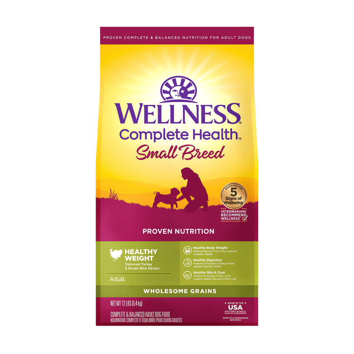 Wellness Complete Health Dry Dog Food, Small Breed, Wholesome Grains, Natural, Healthy Weight Turkey & Brown Rice Recipe, (12-Pound Bag)