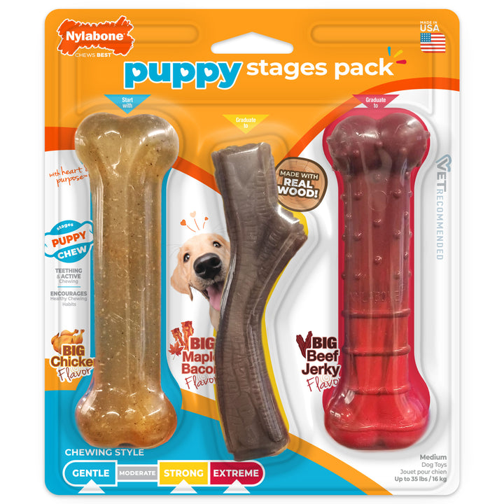 Nylabone Puppy Chew Stages Chew Toy Pack Chicken, Bacon, &amp; Beef Jerky Medium (3 Count)