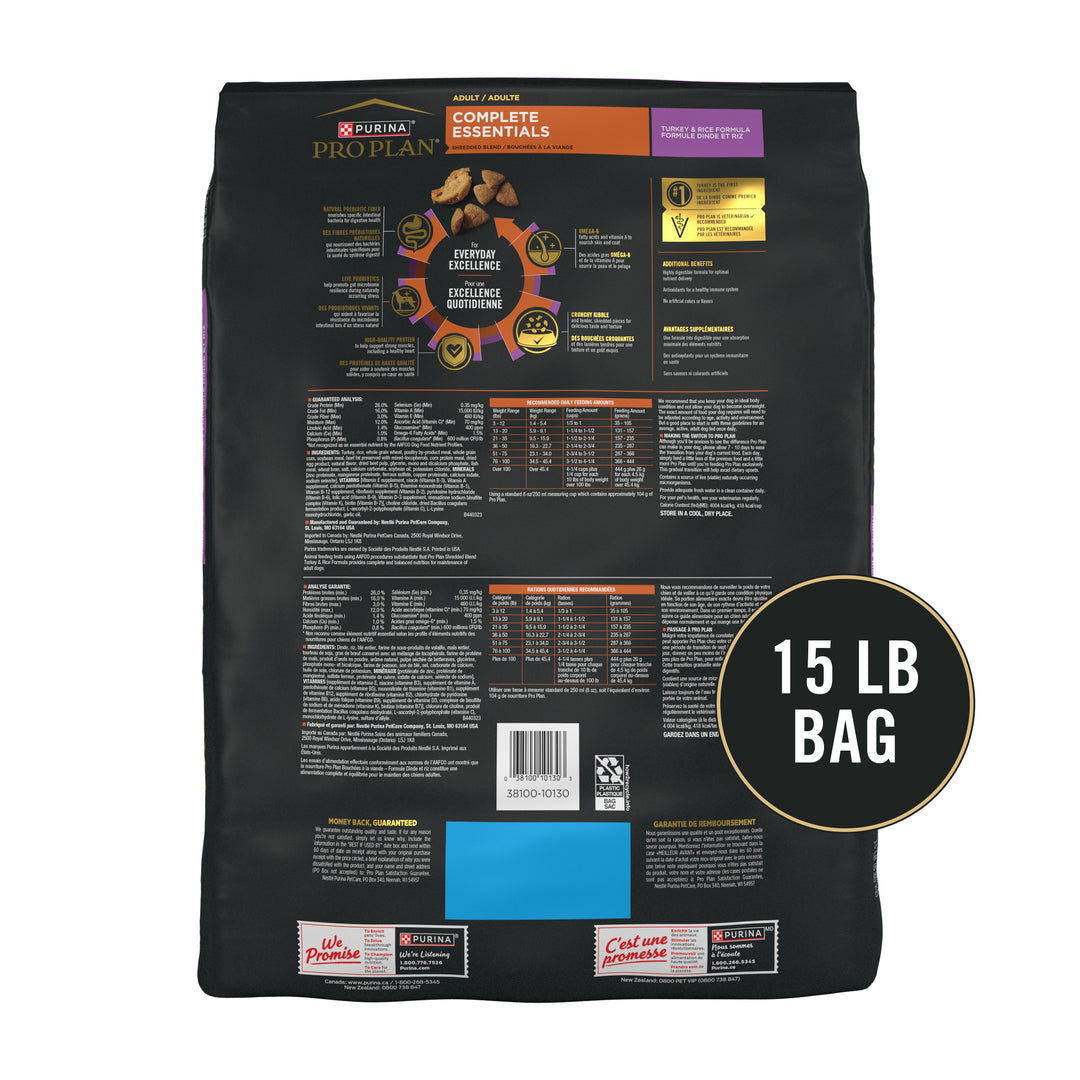 Pro Plan Complete Essentials Shredded Blend Turkey Rice Dog 15 lb back