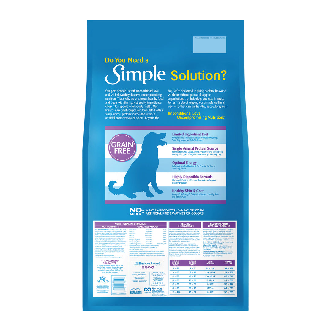 Wellness Simple Limited Ingredient Dry Dog Food for Sensitive Stomachs, Supports Skin &amp; Coat, Grain-Free, Natural, Turkey &amp; Potatoe Recipe, (26-Pound Bag)