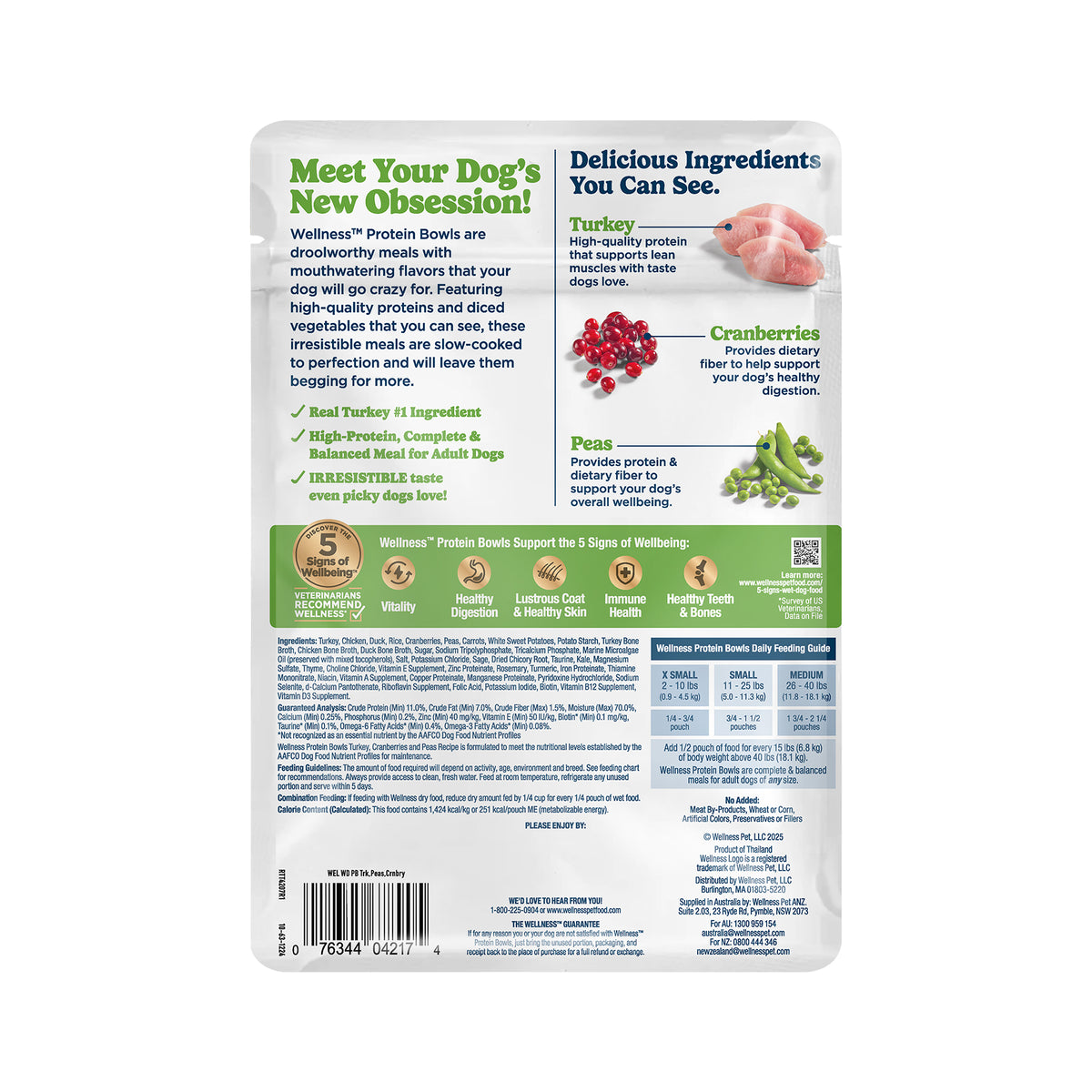Wellness Protein Bowls, Adult Fresh Alternative Dog Food, Wholesome Grains, 6.2 Ounce Pouch, 6 Pack, (Turkey, Cranberries & Peas Recipe)