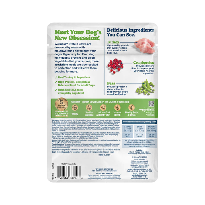 Wellness Protein Bowls, Adult Fresh Alternative Dog Food, Wholesome Grains, 6.2 Ounce Pouch, 6 Pack, (Turkey, Cranberries &amp; Peas Recipe)